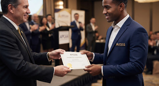 A close-up shot of hands exchanging a certificate at a formal event with a gold APCAA pin on a navy lapel